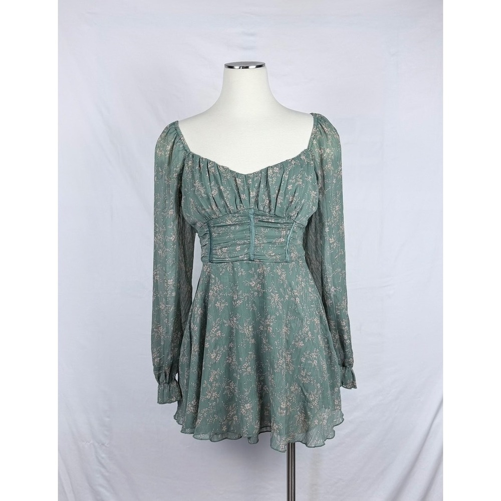 Allison & Kelly Sage Green Floral Corset Waist Mini Dress L Fairy Grunge Witchy
